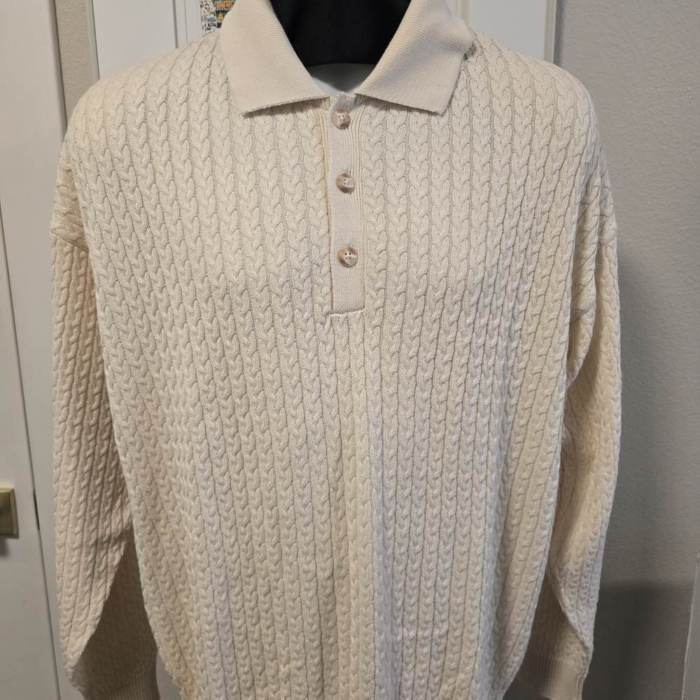 Bachrach Men's Ivory Cable Knit Polo